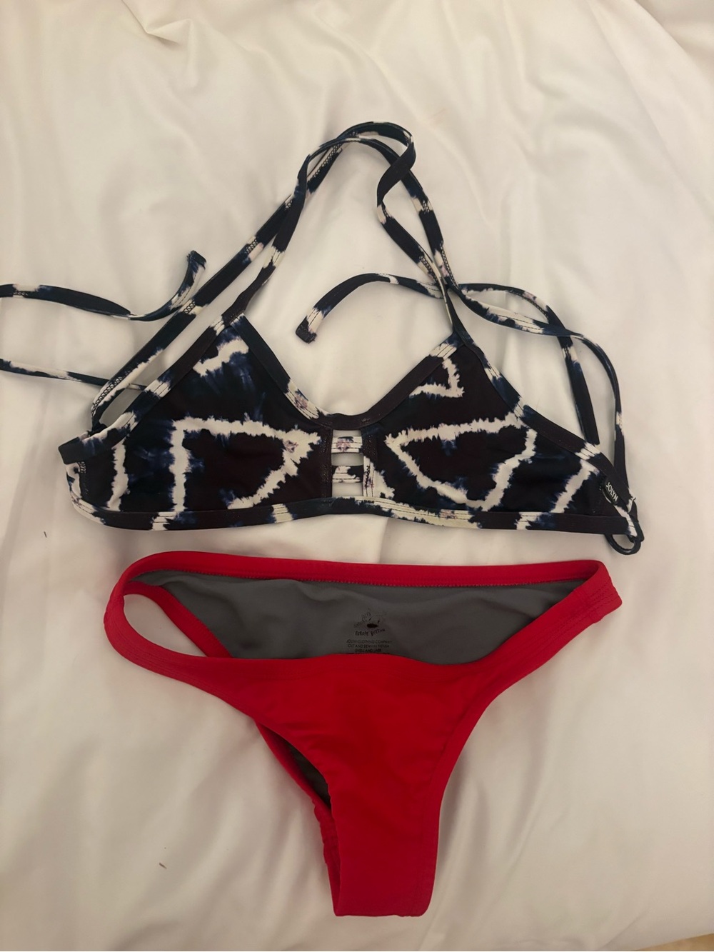 Jolyn Women’s navy & White Print Bikini Top with Red Bikini Bottom